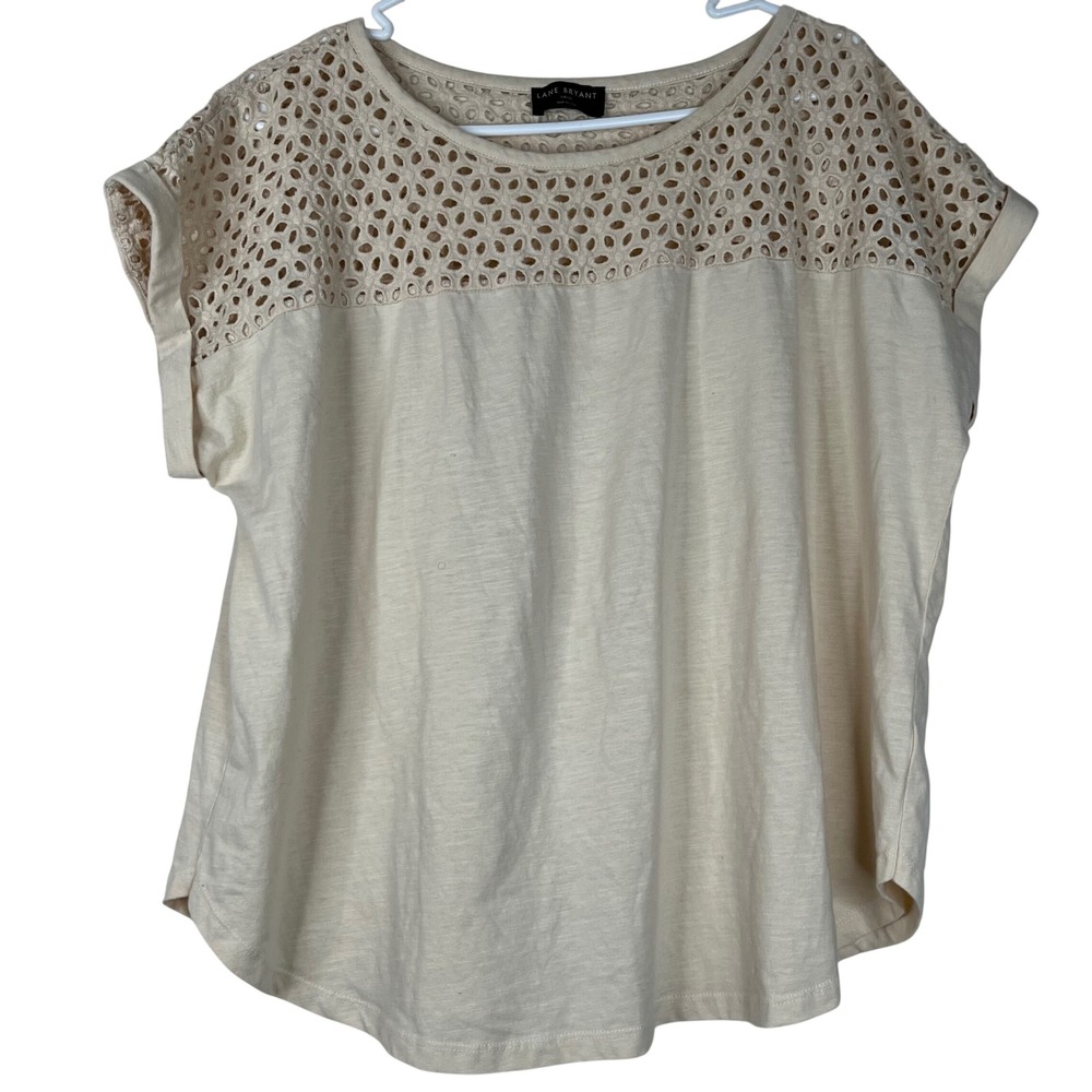 Lane Bryant Top Womens 14/16 Beige Cotton Eyelet Lace Yoke Short Sleeve Tee
